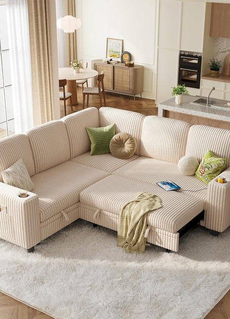 Stylish Corduroy Sectional Sleeper Sofa with Storage Chaise, USB Charging, and Comfortable L-Shaped Design in Beige