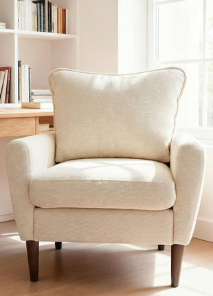 Mid-Century Upholstered Accent Chair with Pillow and Solid Wood Legs for Living Room, Bedroom, and Waiting Areas - Wide Single Modern Lounge Sofa in Beige