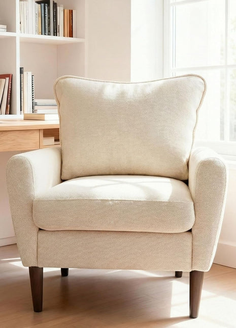 Mid-Century Upholstered Accent Chair with Pillow and Solid Wood Legs for Living Room, Bedroom, and Waiting Areas - Wide Single Modern Lounge Sofa in Beige