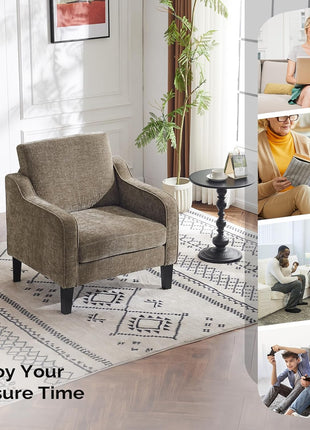 Mid-Century Modern Upholstered Accent Chair in Light Brown with Scooped Arms for Living Room, Bedroom, and Commercial Spaces
