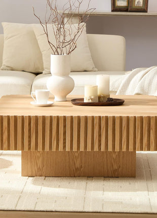 Handcrafted Square Wood Coffee Table with Fluted Design, Modern Center Table for Living Room, Perfect for Compact Spaces, Easy Assembly, 35.43" Ash Finish