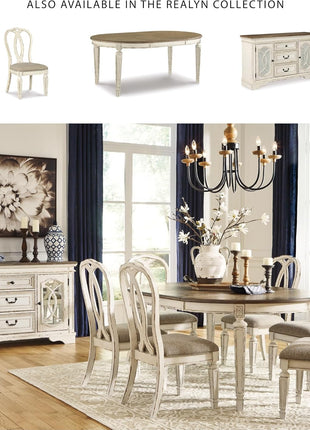 Signature Design by Ashley Realyn French Country Distressed Dining Room Server with Three Drawers and Two Cabinet Doors, Wood Construction, 59" W x 17" D x 36.5" H, Chipped White Finish