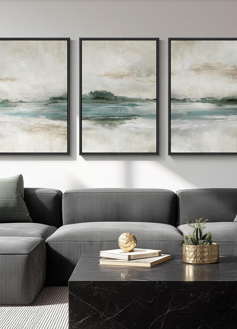 Large Framed Abstract Nature Landscape Art Set of 3 - Contemporary Canvas Prints for Living Room, Hallway, Dining Room, and Office Decor - Green Lake Artwork, 24x36 Inches
