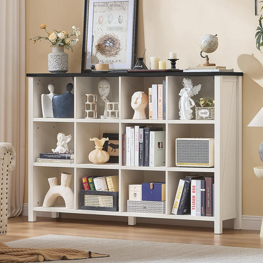 12 Cube Storage Organizer, Farmhouse 62 Inch Warm White Display Bookshelf, Wooden 3 Tier Large Open Book Shelf, Modern Bookcase for Home Office, Rustic Cubby Cabinet for Living Room, Bedroom