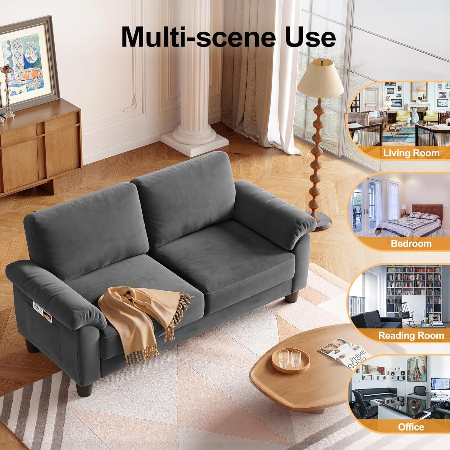 70" Living Room Couch Sofa, Mid Century Modern Loveseat, Velvet Deep Couches for Small Spaces, Bedroom, Apartment, Office, Removable Sofa Cover Spring Cushions, Easy to Install, Grey