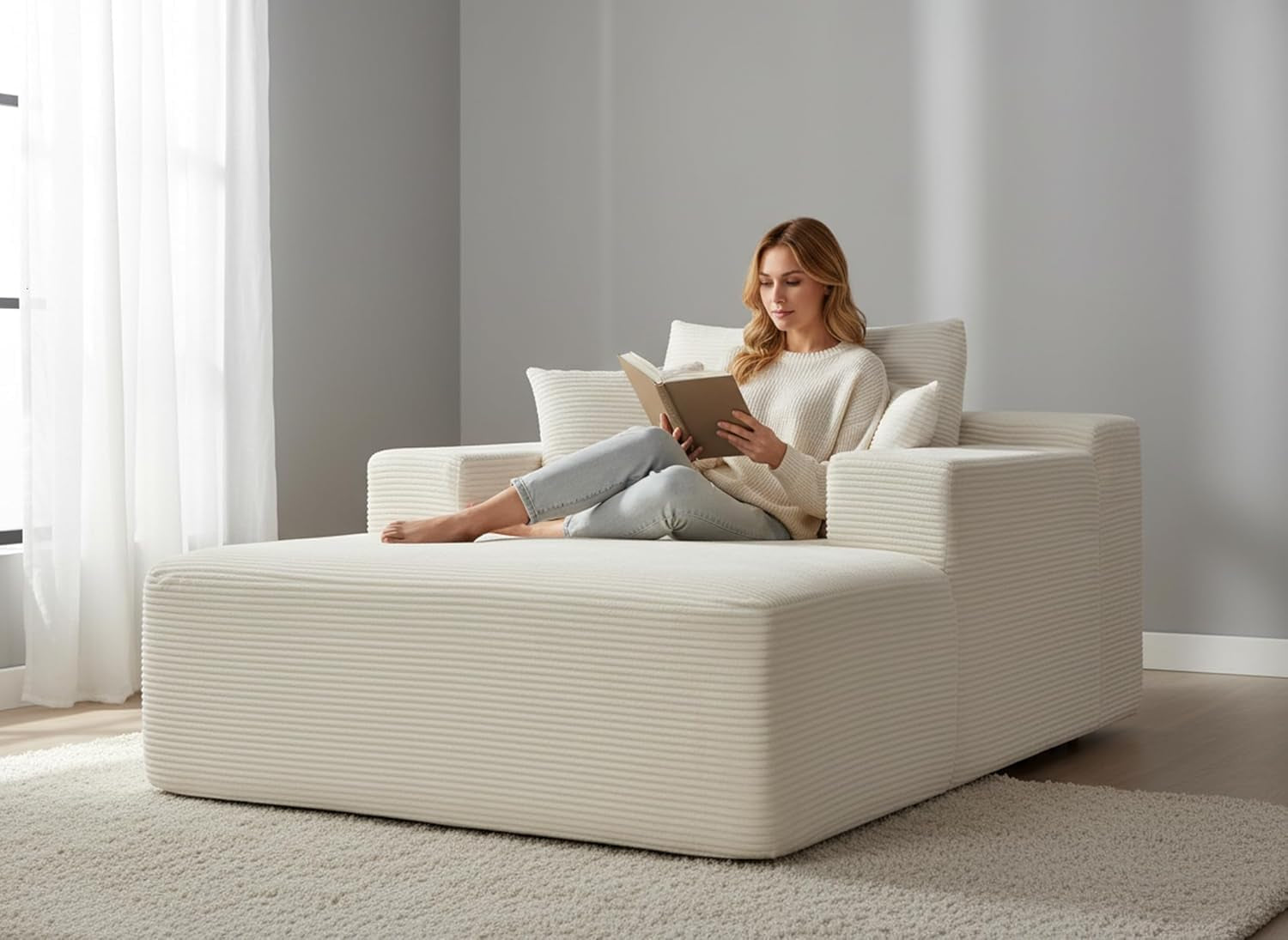 Monroe Convertible Chaise Lounge Chair Indoor – Oversized Corduroy Couch with Wide Armrest & Throw Pillows, Cozy Boneless Sleeper Sofa Bed Armchair, Beige