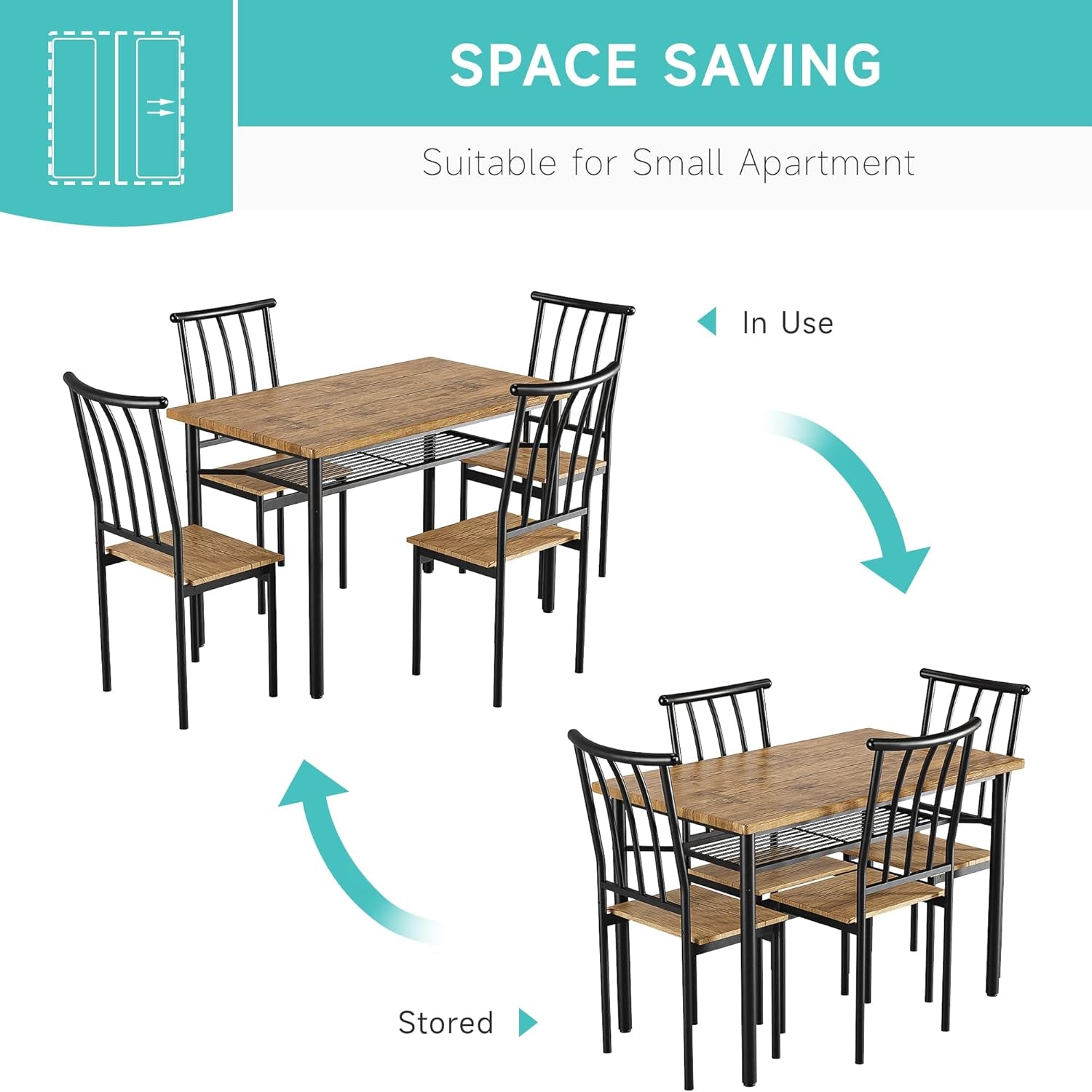 5 Piece Dining Table Set for 4, Kitchen Table and Chairs for 4 with Storage Rack, Metal and Wood Rectangular Dining Room Table Set for Kitchen, Dining Room, Dinette, Rustic Brown
