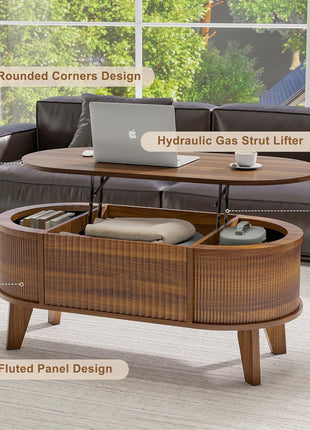 Contemporary Oval Fluted Lift-Top Coffee Table with Storage for Living Room or Home Office in Walnut Finish