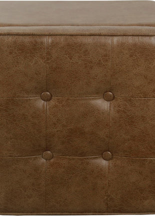 Square Tufted Storage Ottoman in Distressed Brown Faux Leather with Compact Design