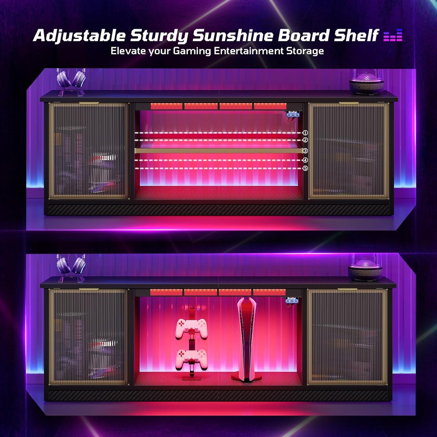 Gaming TV Stand with Music Sync Light, Flow Vibe Entertainment Center with Storage for PS5 Xbox, RGB LED Party Modes Television Stands for 50/55/60/65 Inch TV (Black 3D Carbon Fiber, 57 Inch)