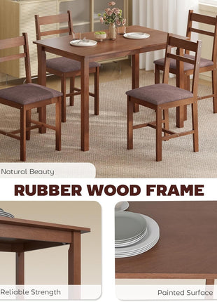 5-Piece Farmhouse Style Solid Wood Dining Set for Four with Upholstered Chairs, Perfect for Compact Spaces, Light Brown and Brown Finish
