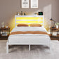 Full Size Bed Frame with Storage Headboard, Industrial Platform Bed with Charging Station and LED Lights,Underbed Storage Space, No Box Spring Needed, Easy Assembly, White