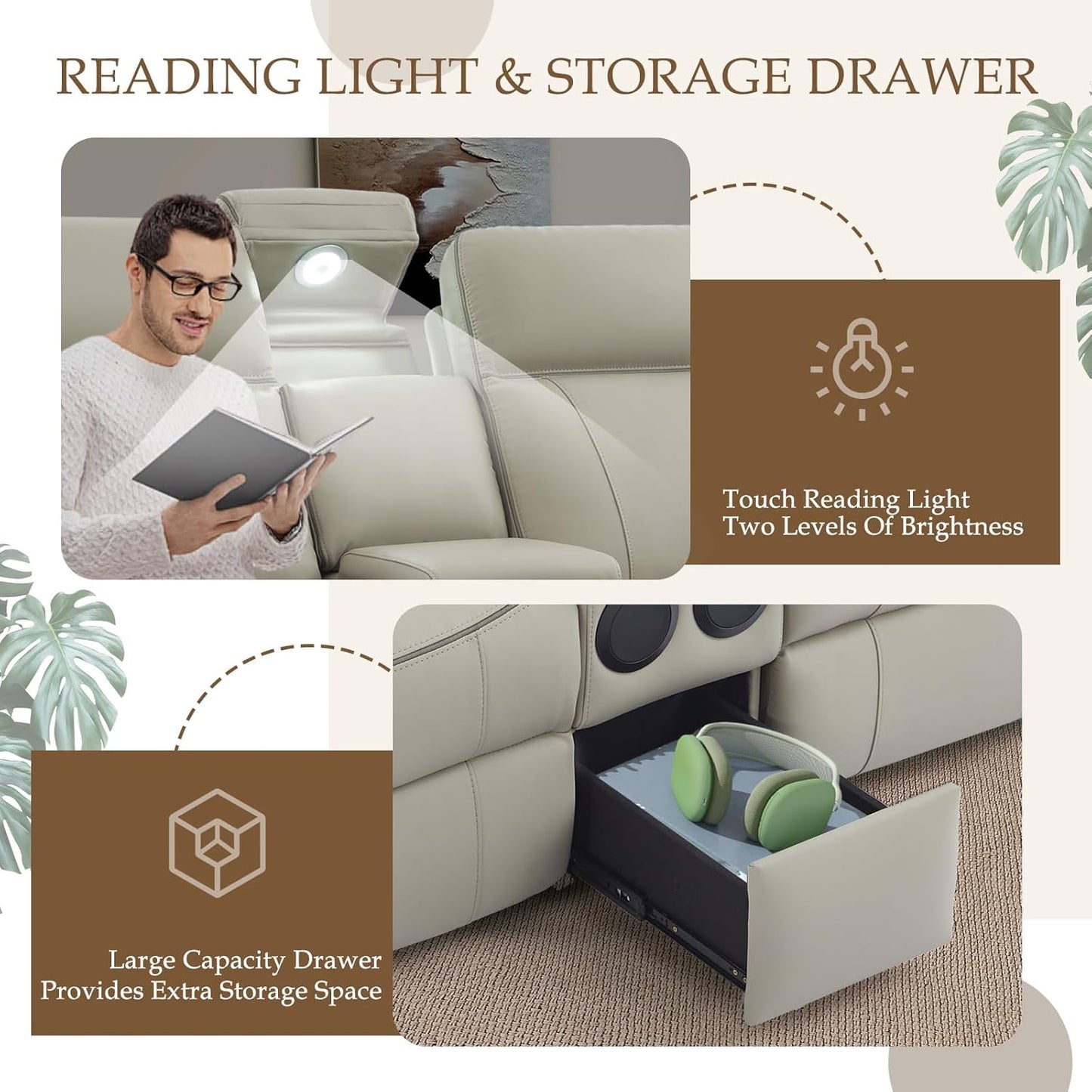 Power Reclining Loveseat with LED Reading Light/Storage Drawer/Bluetooth Speakers, Power Loveseat Recliner Sofa Wall Hugger Reclining Loveseat with Outlets(Grey, 2 Seat with Console)