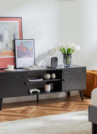 Contemporary Mid-Century TV Stand for 55-60 Inch Televisions, Entertainment Center with Storage, Media Console Table Featuring 2 Cabinets and Soft Close Hinges, Wooden Design for Living Room and Office, Black Finish