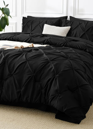 7-Piece Queen Comforter Set in Black - Premium Pintuck Bedding Set with Comforter, Sheets, Pillowcases, and Shams