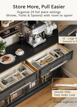 63-Inch Contemporary Sideboard Buffet Cabinet with Drawers, Adjustable Shelves, and Magnetic Closure Doors - Versatile Wooden Storage Solution for Kitchen and Living Room, Black