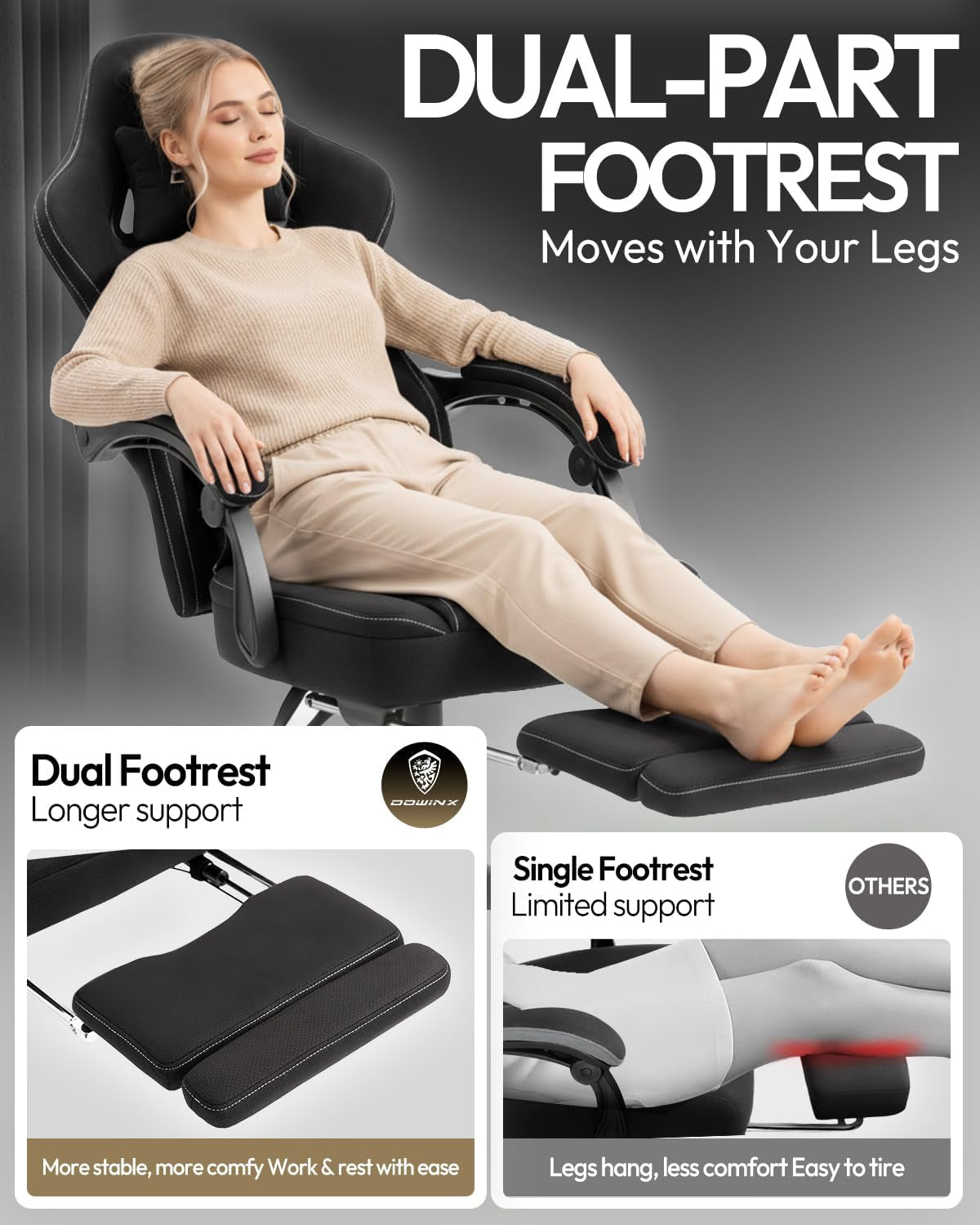 Gaming Chair with Footrest, Breathable Fabric Ergonomic Gamer Chair for Home Office, Extendable Long Leg Rest for Napping, Soft Seat with Lumbar Support, Gel Pad and Storage Bag, Black