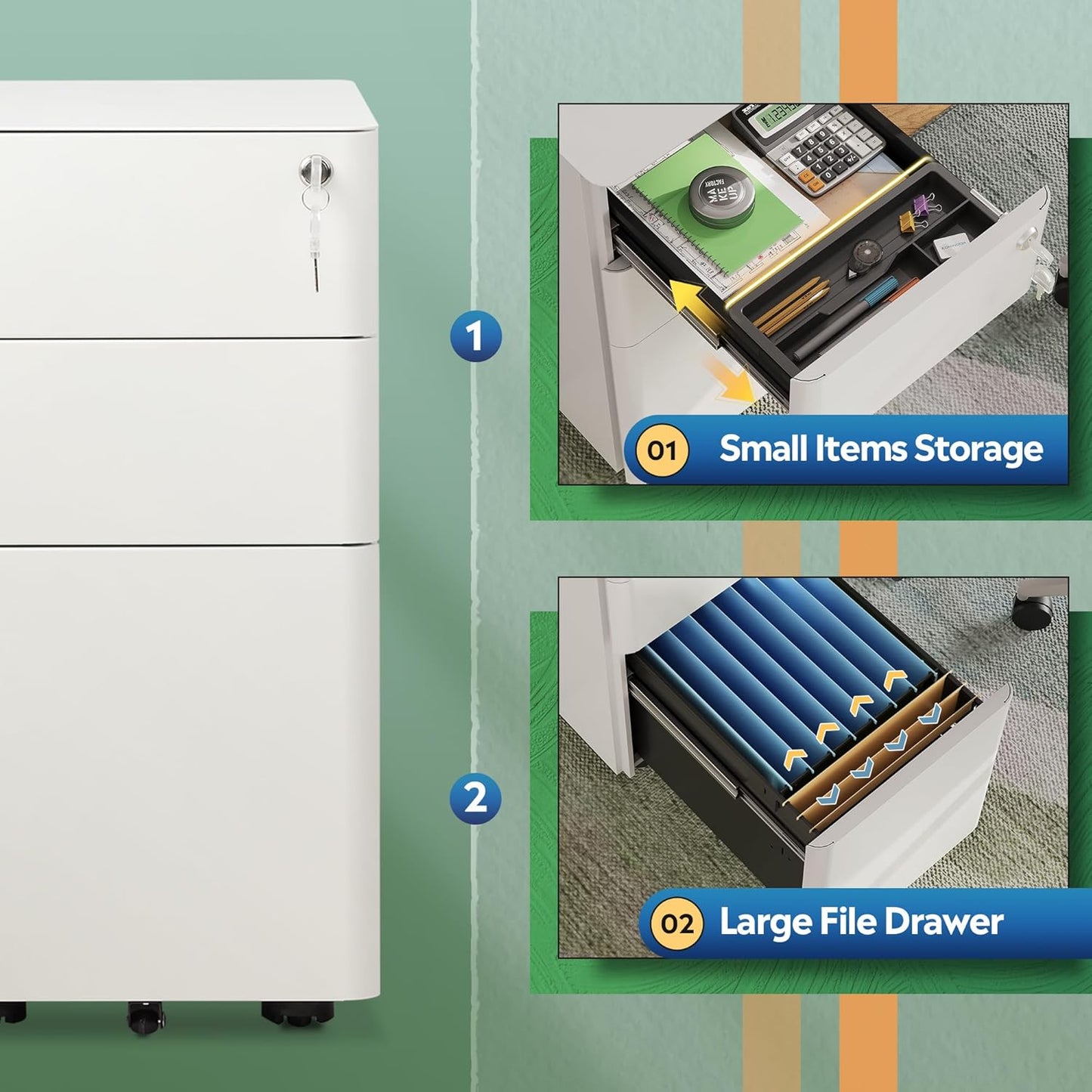 3 Drawer File Cabinet, Slim Metal Filing Cabinet with Lock, under Desk Storage Cabinet for Letters/Legal/A4, Fully Assembled except Casters - White