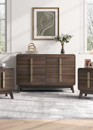 Mid-Century Modern Bedroom Furniture Set - 6-Drawer Dresser and Nightstand Pair with Gold Handles, Walnut Finish