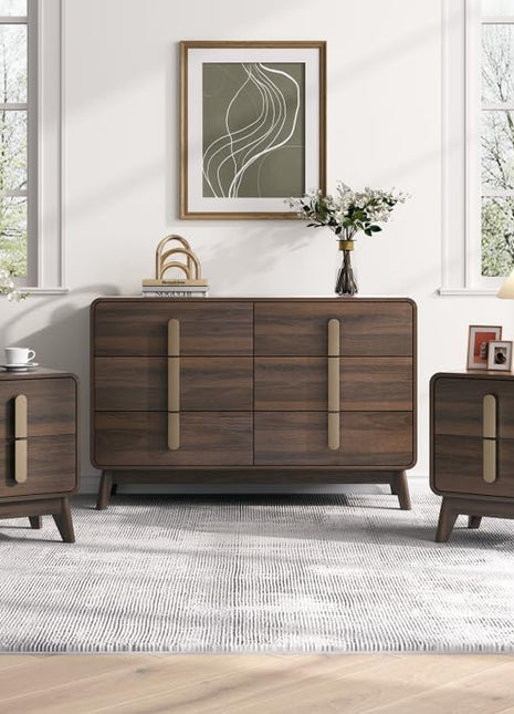 Mid-Century Modern Bedroom Furniture Set - 6-Drawer Dresser and Nightstand Pair with Gold Handles, Walnut Finish