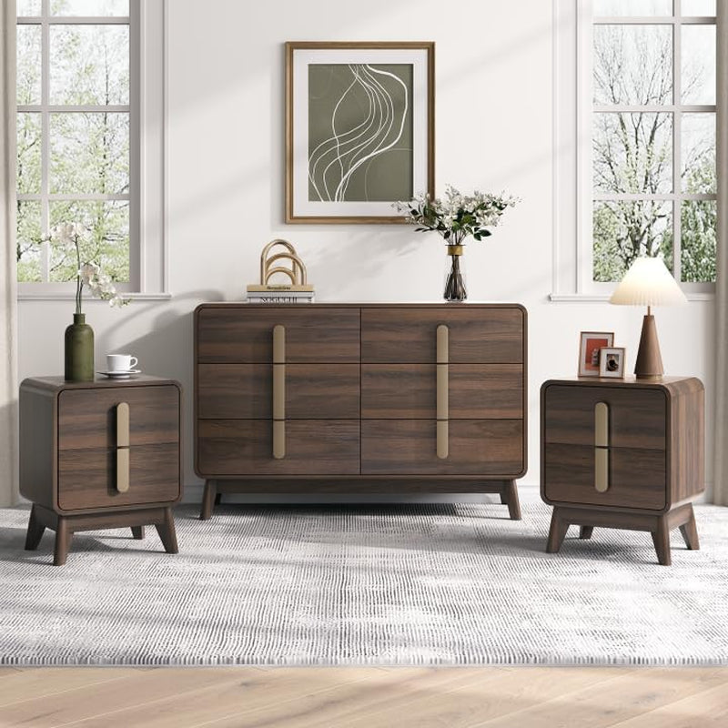 Mid Century Modern Bedroom Set, 6 Drawer Dresser and Nightstand Sets for Bedroom, Night Stand Set 2 & 6 Drawer Dresser with Gold Handles, Wood Chest of Drawers Storage Cabinet Set, Walnut
