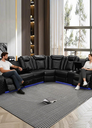 Power Recliner Sofa Set with LED Lighting, Air Leather Sectional, Wireless Charging, Cup Holders, and Storage Console for Home Theater, Black