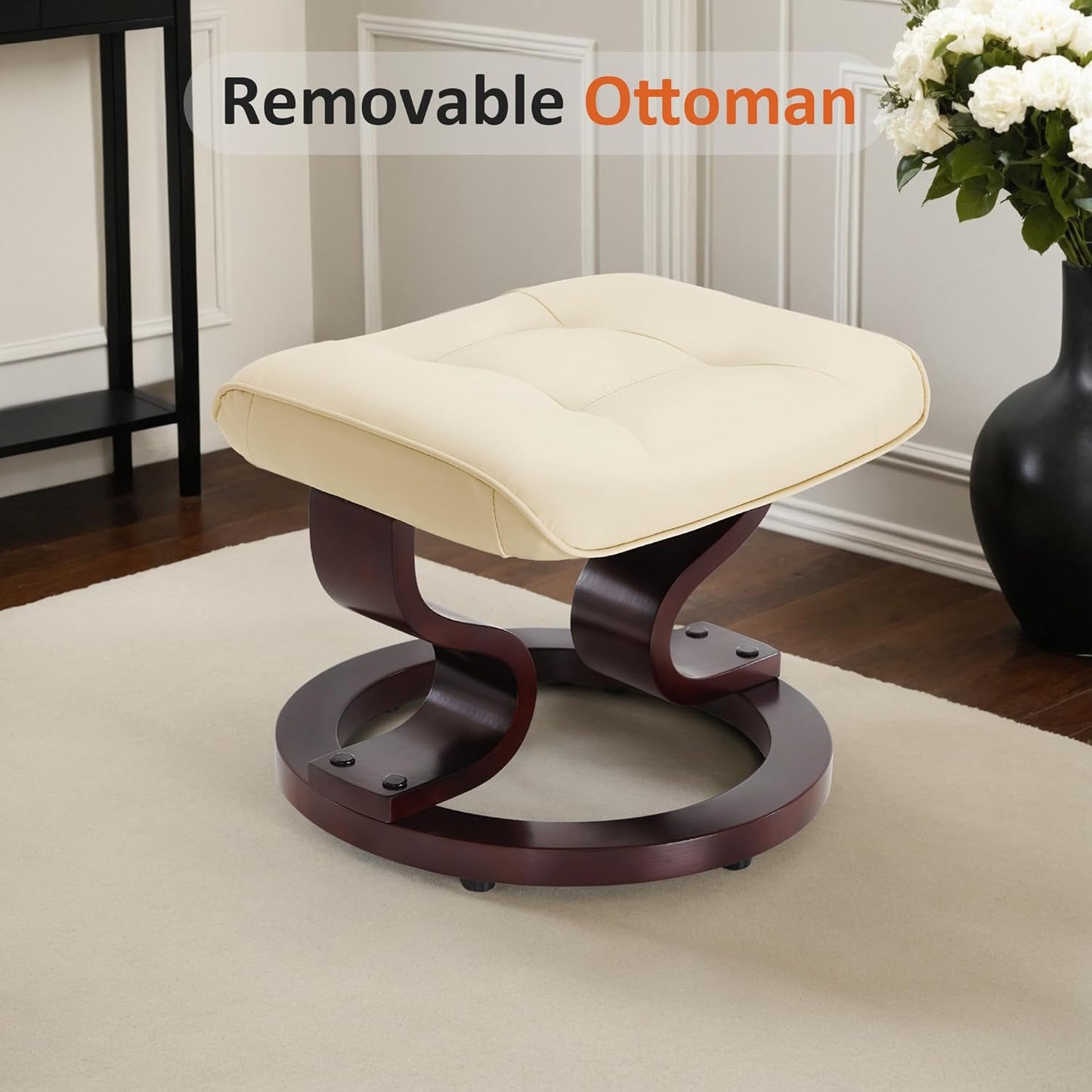 Manual Swivel Recliner with Ottoman, Chair Ottoman Set for RV Small Spaces, Living Room, Bedroom, Office 9019 4919 (Faux Leather, Cream White)