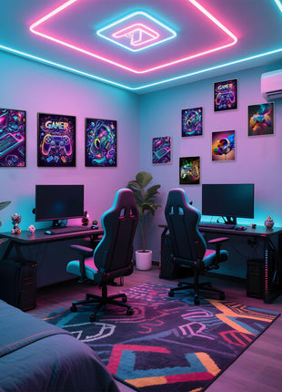 Game Room Canvas Wall Art Set - 16x12 Inch Framed 3-Piece Collection with 6 Additional 8x10 Posters, Neon Gaming Theme Decor for Boys and Youth Bedrooms
