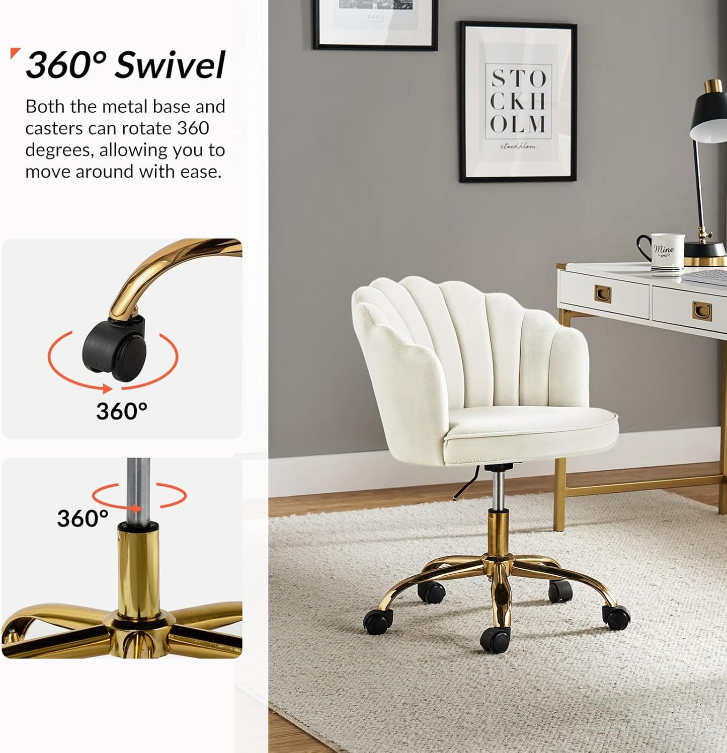 Velvet Home Office Desk Chair with Gold Base, Adjustable Swivel Task Chair for Vanity, Women'S Modern Cute Shell Back Upholstered Design, for Living Room, Ivory