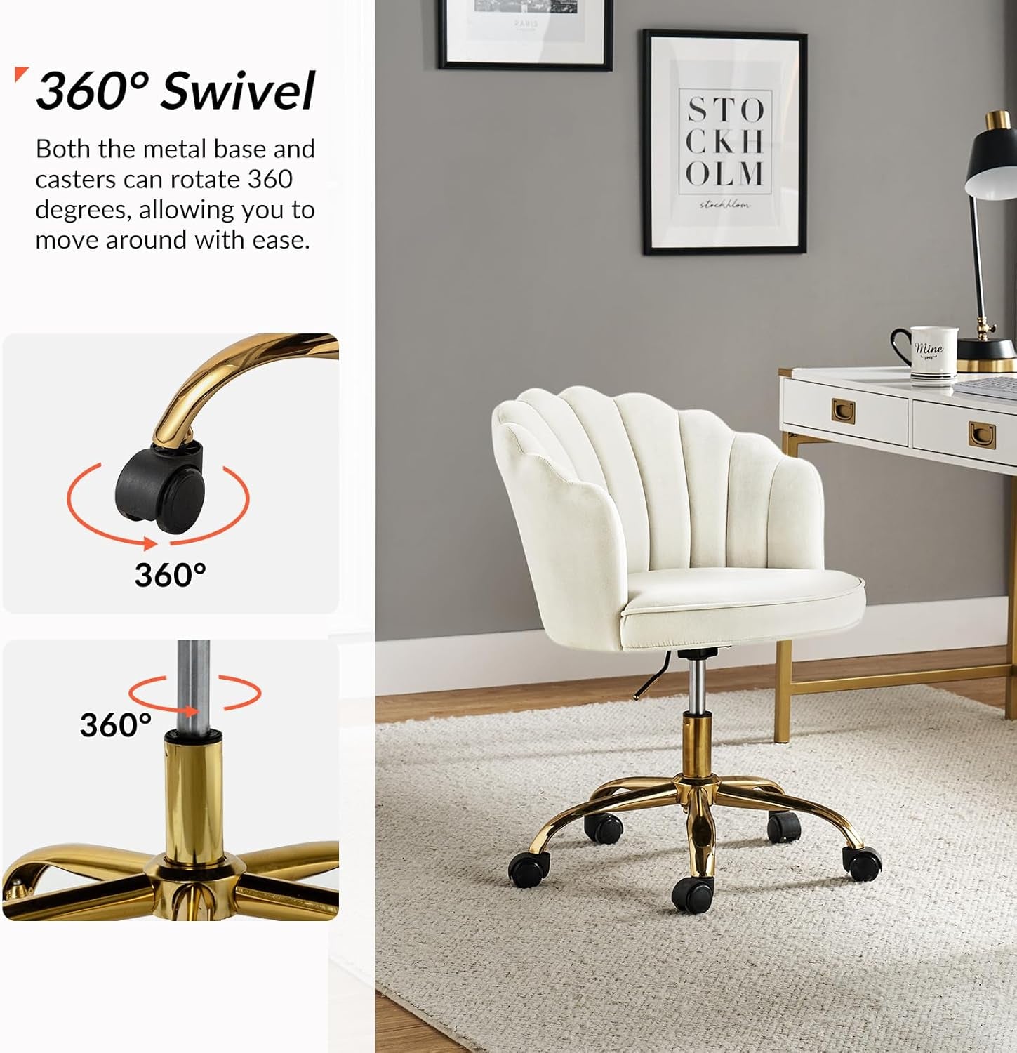 Velvet Home Office Desk Chair with Gold Base, Adjustable Swivel Task Chair for Vanity, Women'S Modern Cute Shell Back Upholstered Design, for Living Room, Ivory