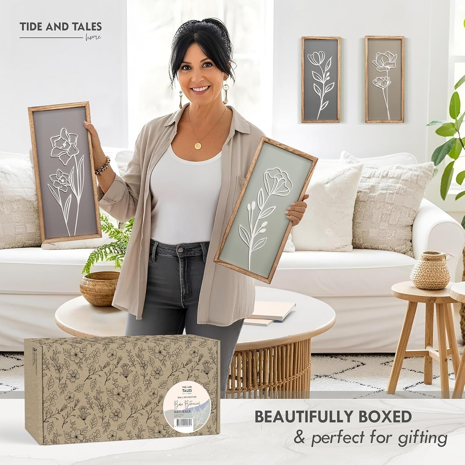 3D Wooden Floral Bathroom Wall Decor (Set of 4) Lightweight, Ready-To-Hang Framed Wall Art for Living Room, Bedroom, or Office - Premium Boho Botanical Farmhouse Decorations - Gift-Boxed