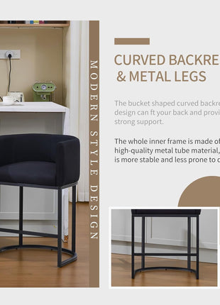 Set of 2 Black Counter Height Barrel Bar Stools with Curved Back and Linen Upholstery for Kitchen Island, Dining Room, Cafe, and Pub