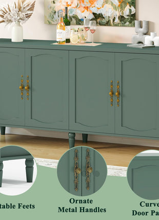 63" Mid-Century Modern Sideboard Buffet Cabinet with Carved Handles and Adjustable Shelves, Ideal for Living Room or Dining Room - Green