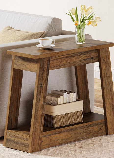 Rustic Brown Wooden End Table with Dual Storage Shelves - Slim Accent Nightstand for Living Room and Bedroom