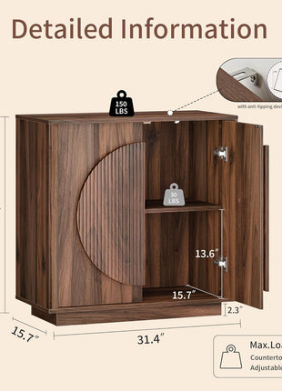 Contemporary Walnut Buffet Cabinet with Storage, Round Fluted Door Sideboard with Shelves, Modular Coffee Bar, Deep Beveled Design for Dining Room, Kitchen, Living Room, and Entryway, 32