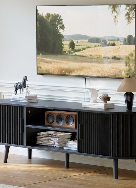 Mid-Century Modern TV Console for TVs up to 60 Inches, Entertainment Center with Fluted Sliding Doors, Concealed Storage, and Adjustable Shelving for Living Room and Bedroom, Black