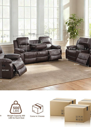 Leather Recliner Sofa Set: 3-Piece Sectional Furniture with Convertible Table & Cup Holders for Living Room, RV, or Office in Brown Leather