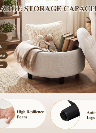 Fabric Round Storage Ottoman with Reversible Tray Lid - Stylish Footrest and Concealed Storage Option, Compact Coffee Table for Living Room, Bedroom, or Entryway (Beige)