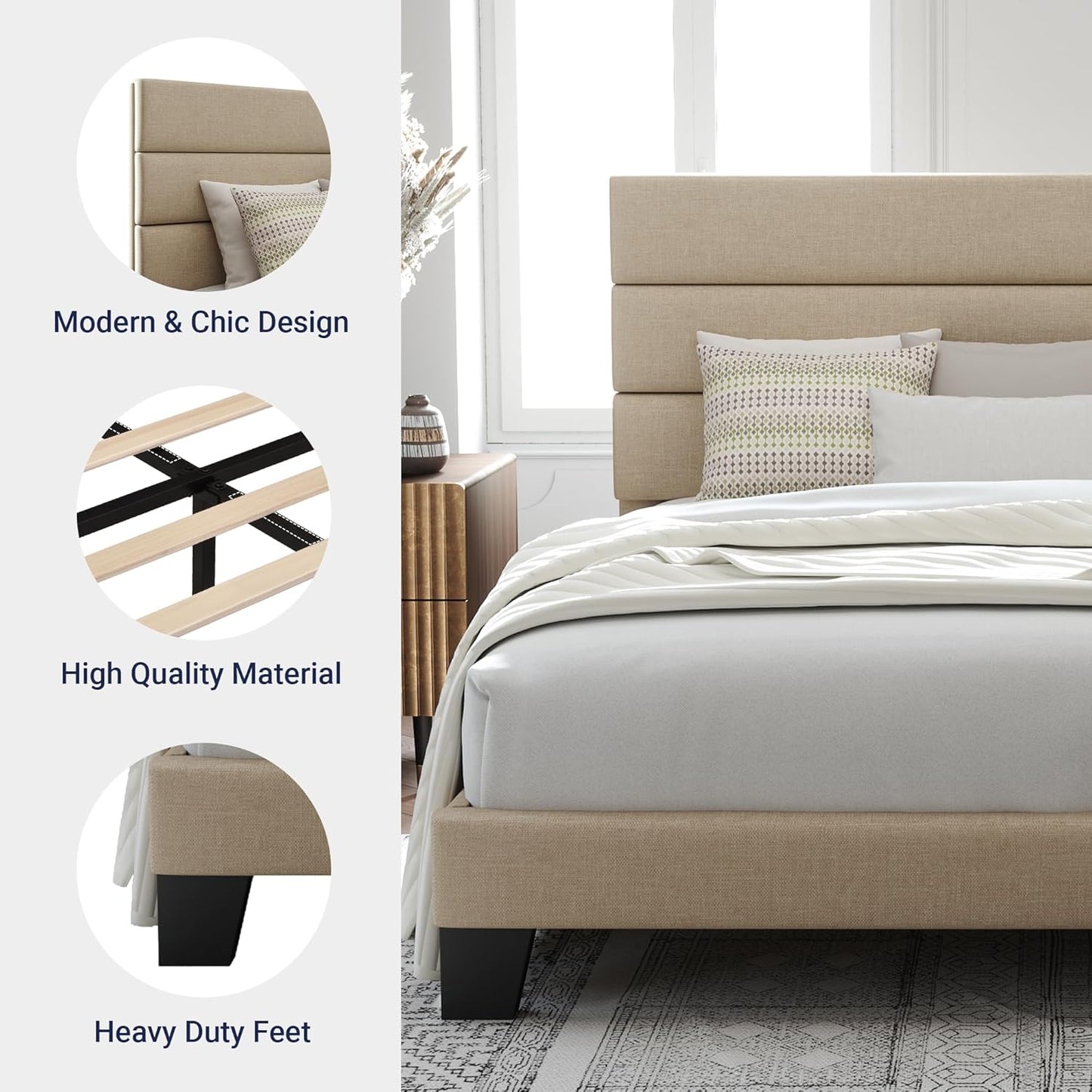 King Size Platform Bed Frame with Fabric Upholstered Headboard and Wooden Slats Support, Fully Upholstered Mattress Foundation/No Box Spring Needed/Easy Assembly, Beige