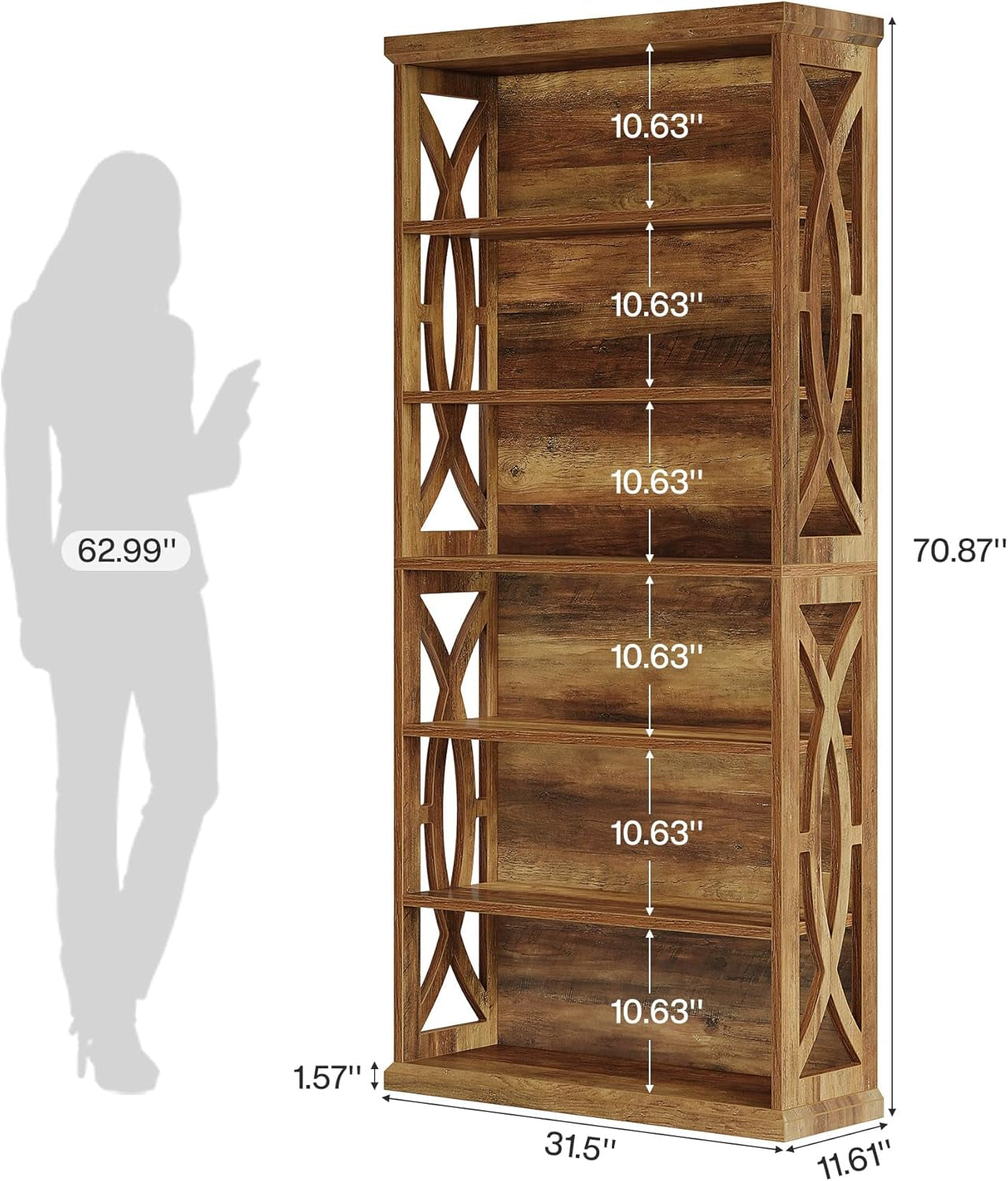 6-Tier Bookshelf, 71 Inches Tall Freestanding Bookcase, Large Industrial Bookshelves Display Shelves, Wooden Book Shelf for Home Office, Living Room, Bed Room, Rustic Brown