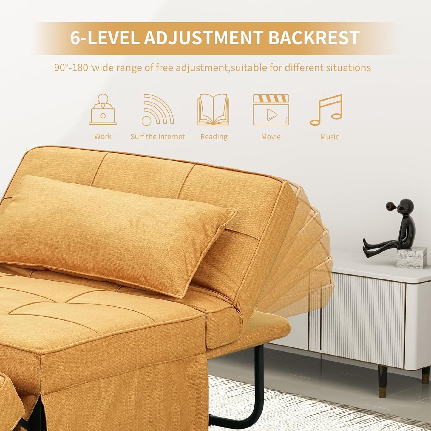 Convertible Sofa Bed, 4 in 1 Multi-Function Folding Ottoman Bed with Adjustable Backrest, Modern Futon Couch No Assembly for Living Room Apartment Office Small Space (Yellow)