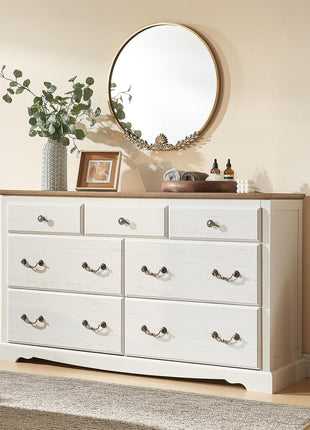 5-Piece Farmhouse Bedroom Set: King Size Bed Frame with 52.2" Headboard, 7-Drawer Dresser, 6-Drawer Tall Dresser, and Two Nightstands with Charging Station in White