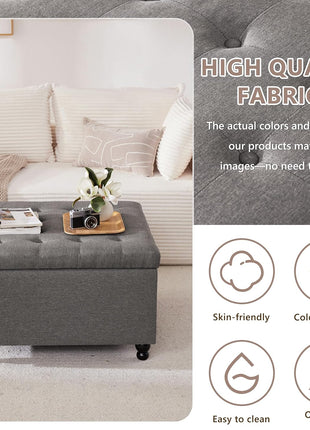 30-Inch Large Square Upholstered Storage Ottoman Coffee Table in Dark Grey Fabric for Living Room