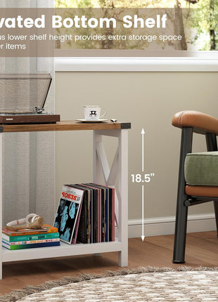 Set of 2 Farmhouse End Tables with Charging Station, Slim Nightstand for Compact Spaces, Storage Shelf, White and Brown Finish