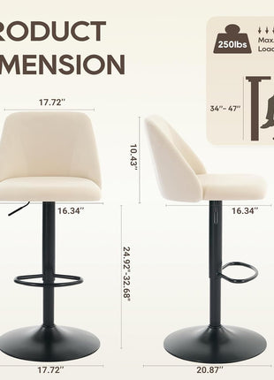 Set of 2 Adjustable Fabric Bar Stools - 360° Swivel Counter Height Chairs with Cushioned Seat and Sturdy Metal Base for Dining Room and Kitchen Island, 250 lbs Capacity