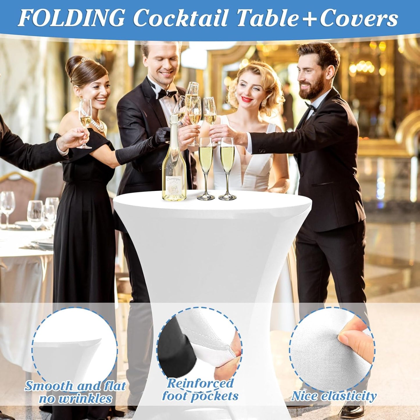 2Sets 32In Hightop Folding Cocktail Tables+Covers, White-Spandex Stretch Folding Bar Table Covers, Removable Legs Bar Height Folding Table Outdoor Indoor Use (2+2White/2Covers+2Tables)