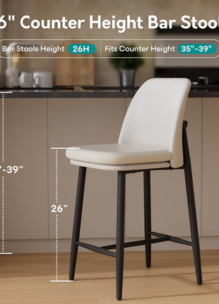 Set of 2 Modern Upholstered Counter Height Bar Stools, 26-Inch with Backrest, Textured Leather and Fabric, Metal Legs for Kitchen Island and Dining Room, White