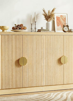 55" Mid-Century Modern Sideboard Buffet Cabinet with Wavy Grain Doors and Adjustable Shelves in Natural Oak for Kitchen, Living Room, Entryway, and Coffee Bar Use
