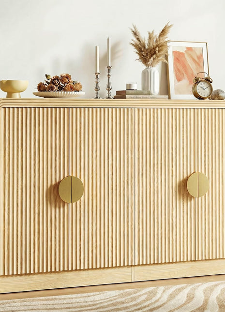 55" Mid-Century Modern Sideboard Buffet Cabinet with Wavy Grain Doors and Adjustable Shelves in Natural Oak for Kitchen, Living Room, Entryway, and Coffee Bar Use