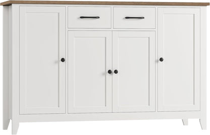 55" Buffet Cabinet with Storage, Kitchen Buffet Sideboard with Drawers, Large Storage Cabinet with Doors and Shelves, Modern Farmhouse Coffee Bar for Kitchen, Dining Room, Living Room, White